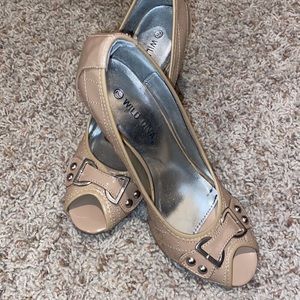 Worn twice, taupe peep-toed heels with buckle detail and glossy finish